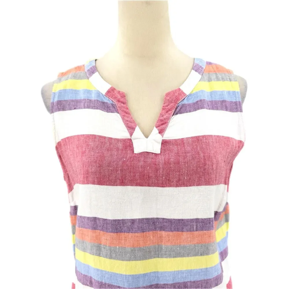 Boden White Multi Color Striped 100% Linen V-neck Sleeveless Shift Summer Dress